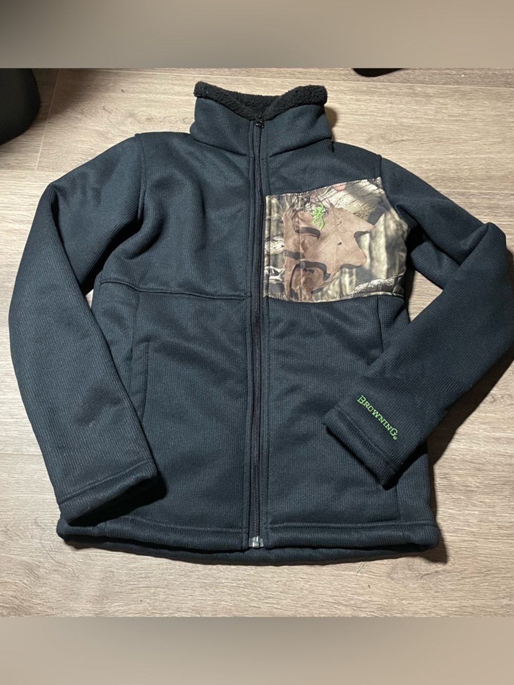 Browning Boy’s Medium Zip-Up Black Fleece Lined Jacket Camouflage Pocket Zip Up